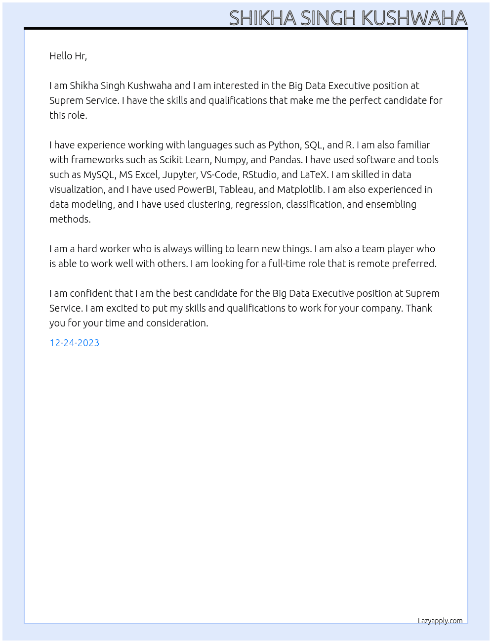 Big Data Executive At  Suprem Service Cover Letter