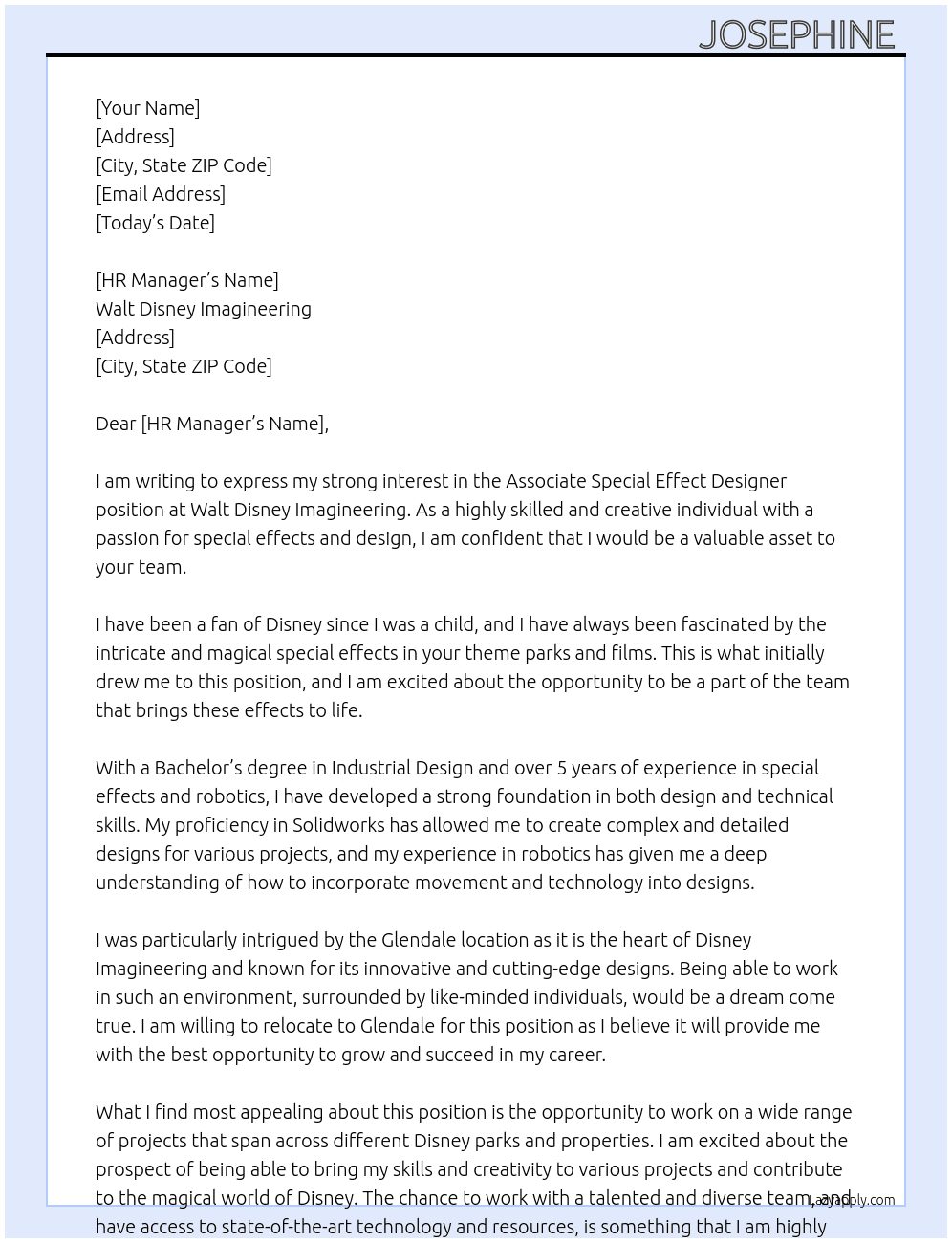 Associate Special Effect Designer  At Walt Disney Imagineering Cover Letter