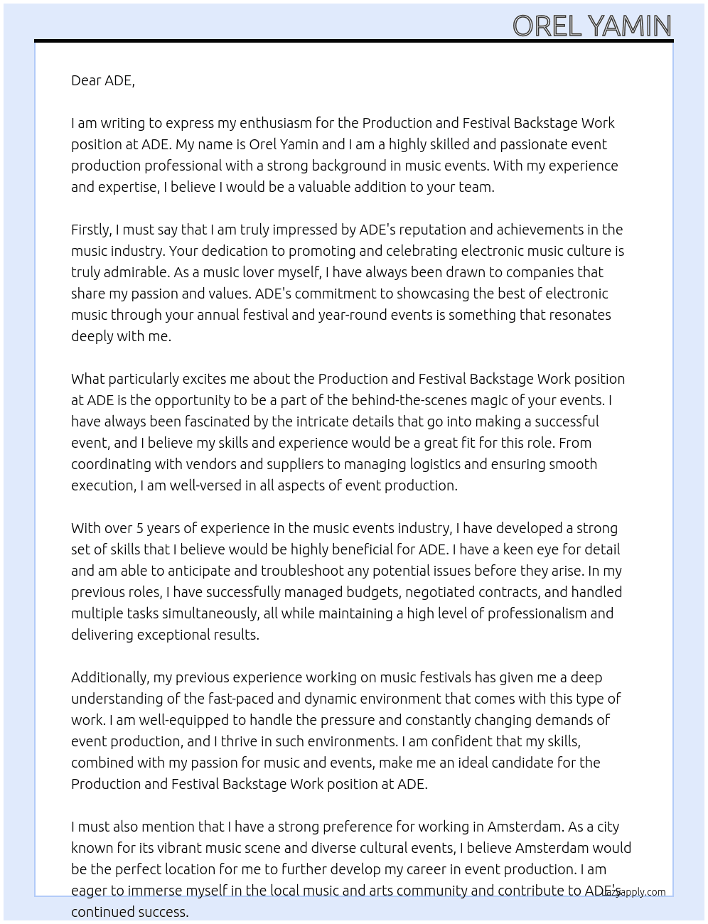 Production and festival backstage work At ADE Cover Letter