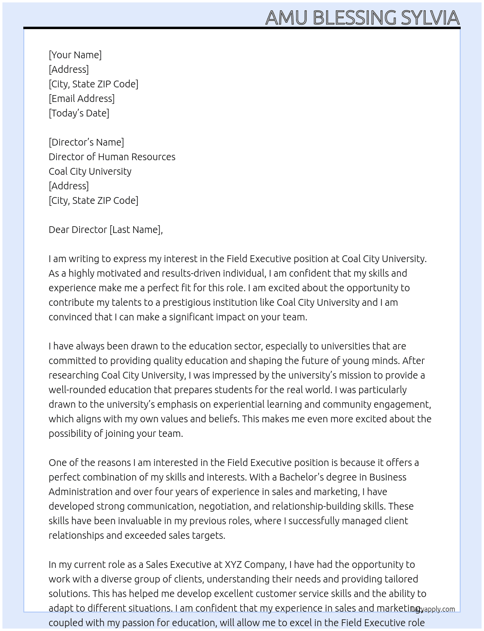 Field executive At Coal city University Cover Letter