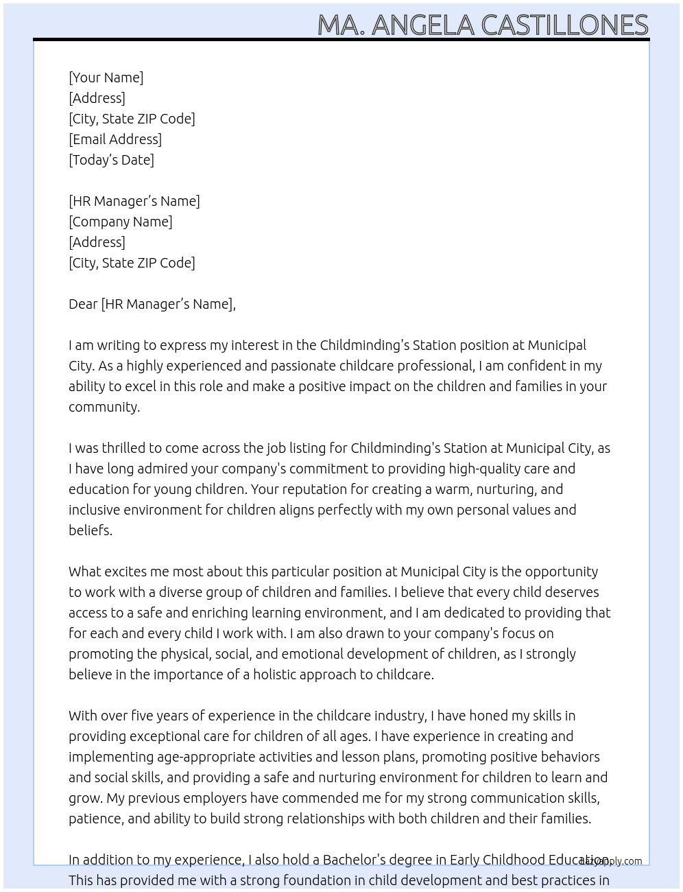 Childminding's station  At MUnicipal City Cover Letter