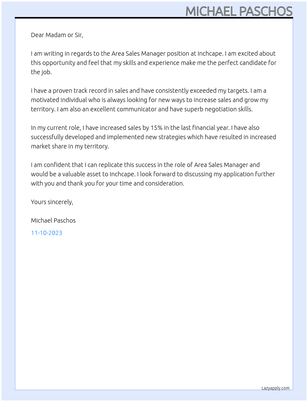 Area Sales Manager At Inchcape Cover Letter