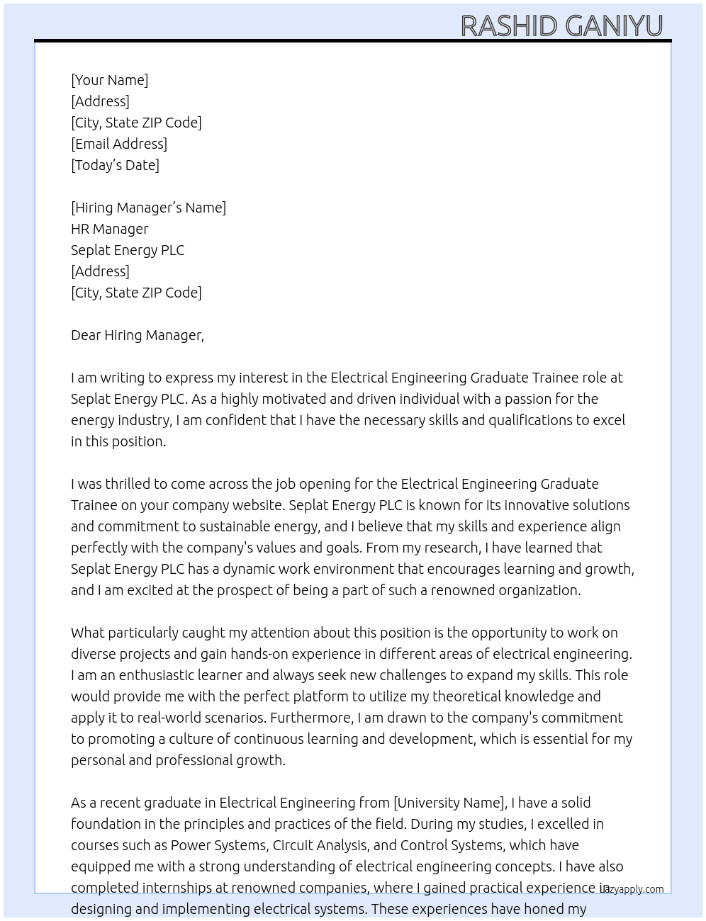 Electrical Engineering  At Seplat Energy PLC Cover Letter