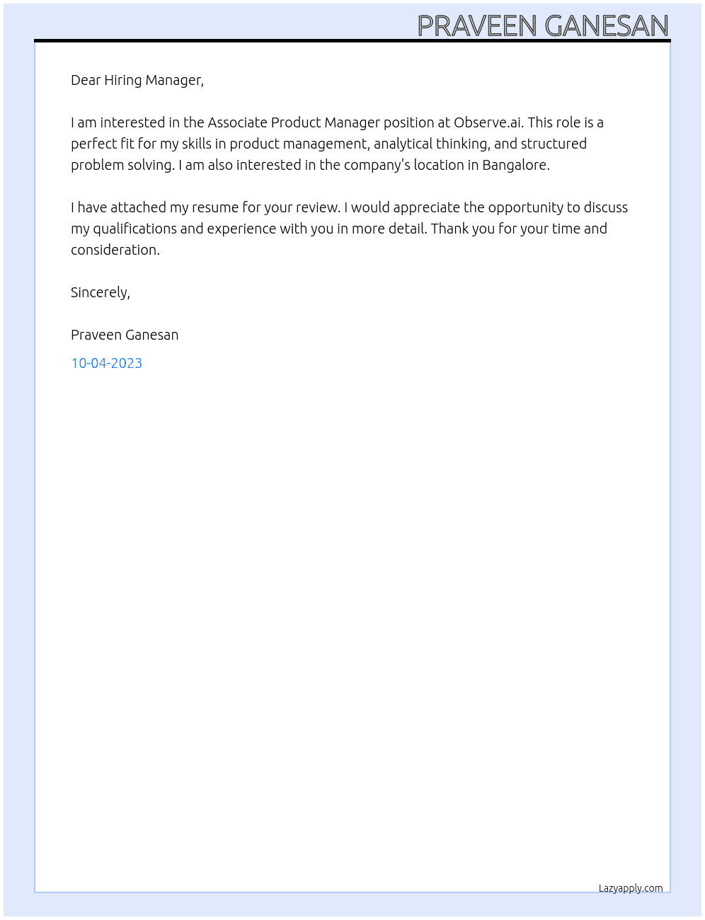 Associate Product Manager At Observe.ai Cover Letter