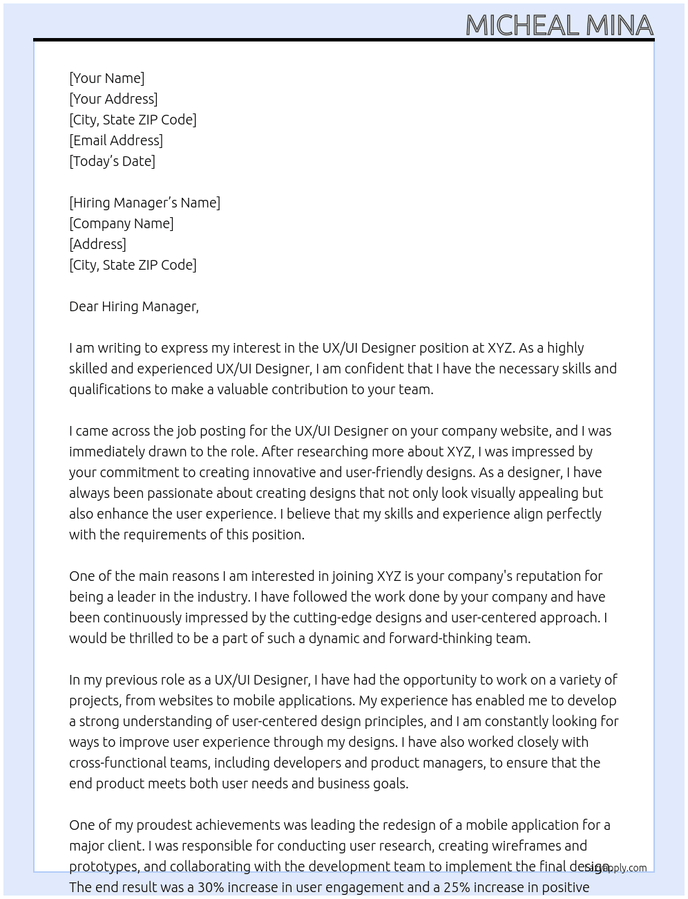 UX/UI Designer At xyz Cover Letter