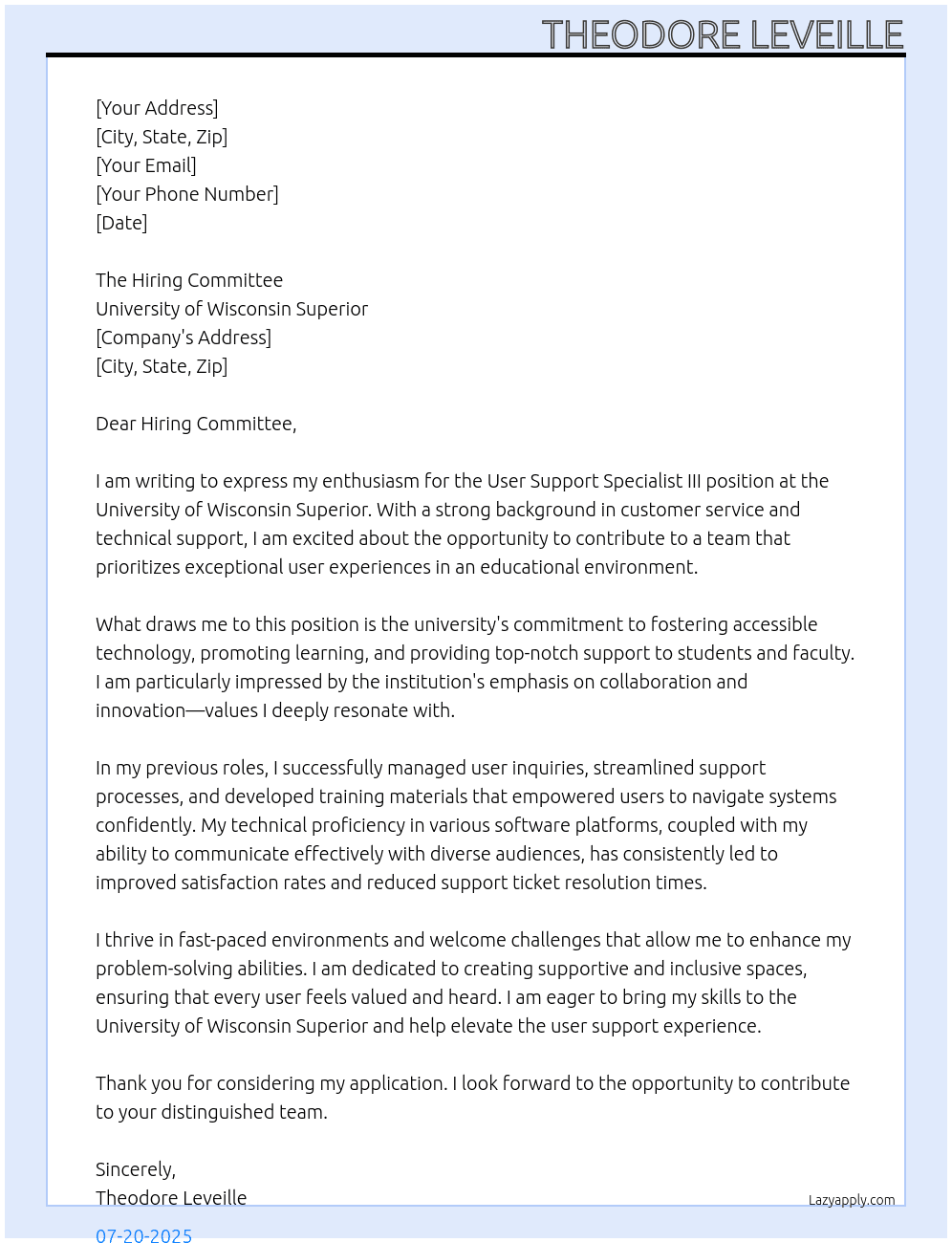 Cover letter for user support specialist iii - LazyApply