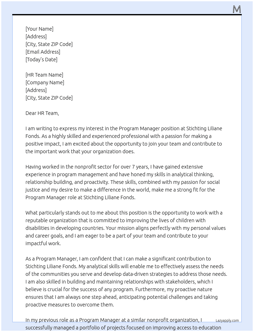 Program manager At Stichting Liliane Fonds Cover Letter