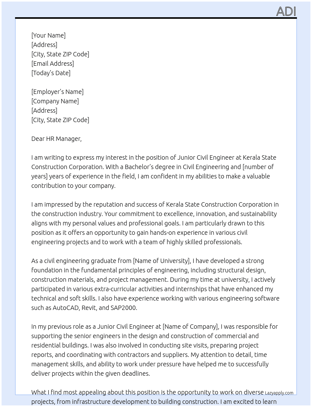 Junior civil engineer  At Kerala State construction corporation  Cover Letter