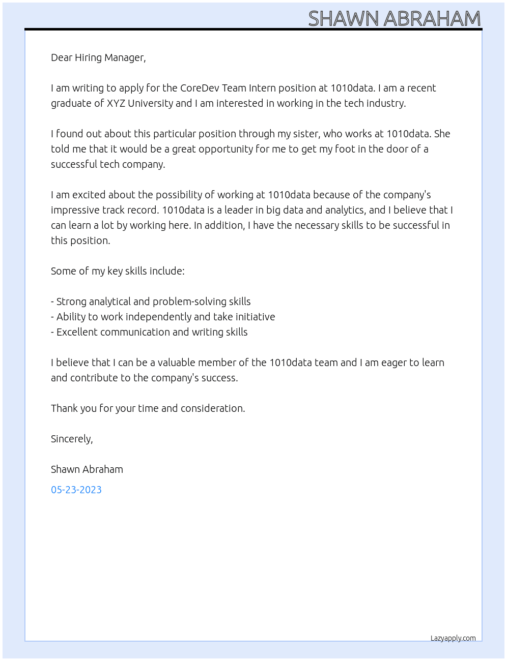 CoreDev Team Intern  At 1010data Cover Letter