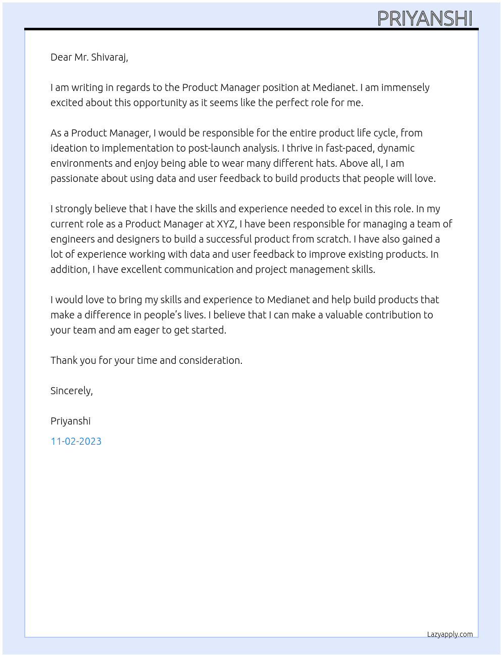 Product Manager At Medianet Cover Letter
