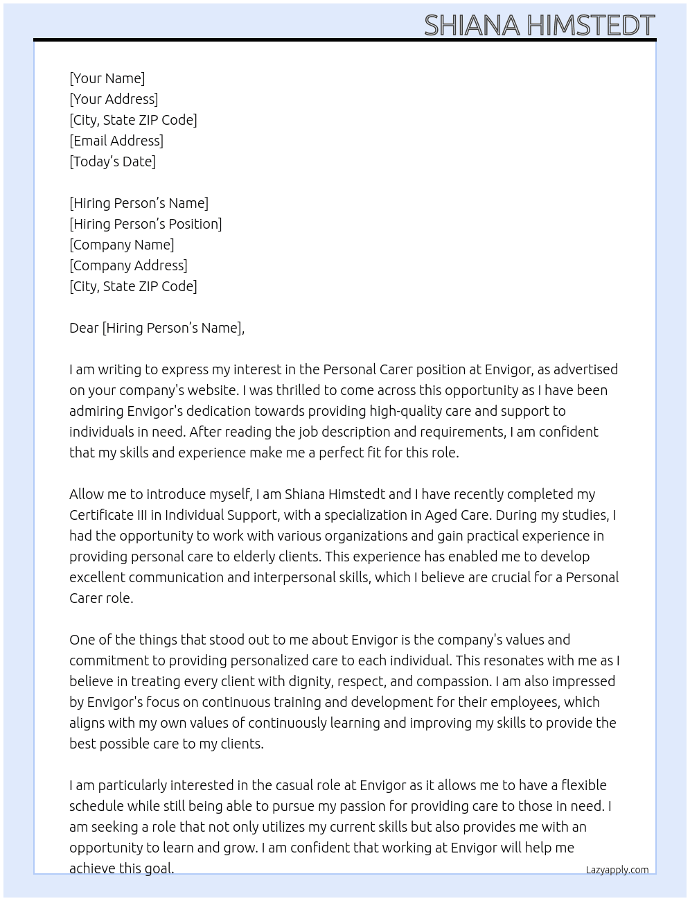 Personal carer At Envigor Cover Letter