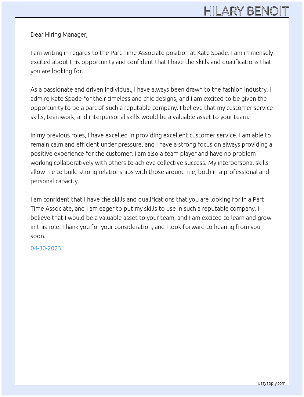 Part Time Associate At Kate Spade Cover Letter