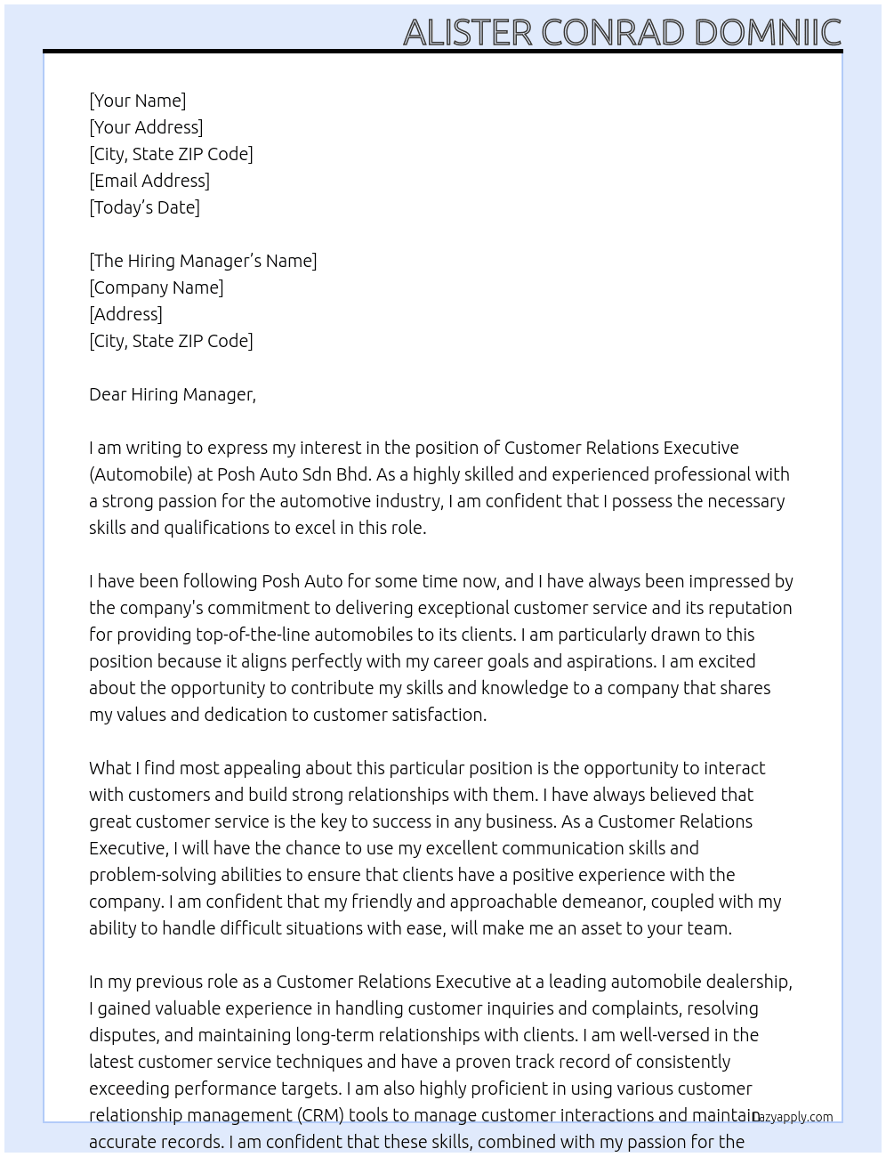 CUSTOMER RELATIONS EXECUTIVE(AUTOMOBIILE) At POSH AUTO SDN BHD Cover Letter