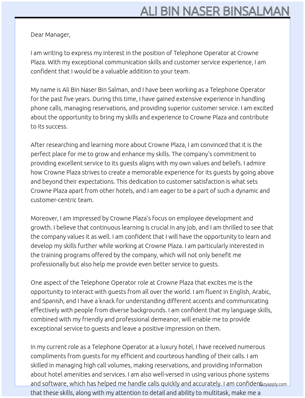Telephone operator  At Crowne Plaza  Cover Letter