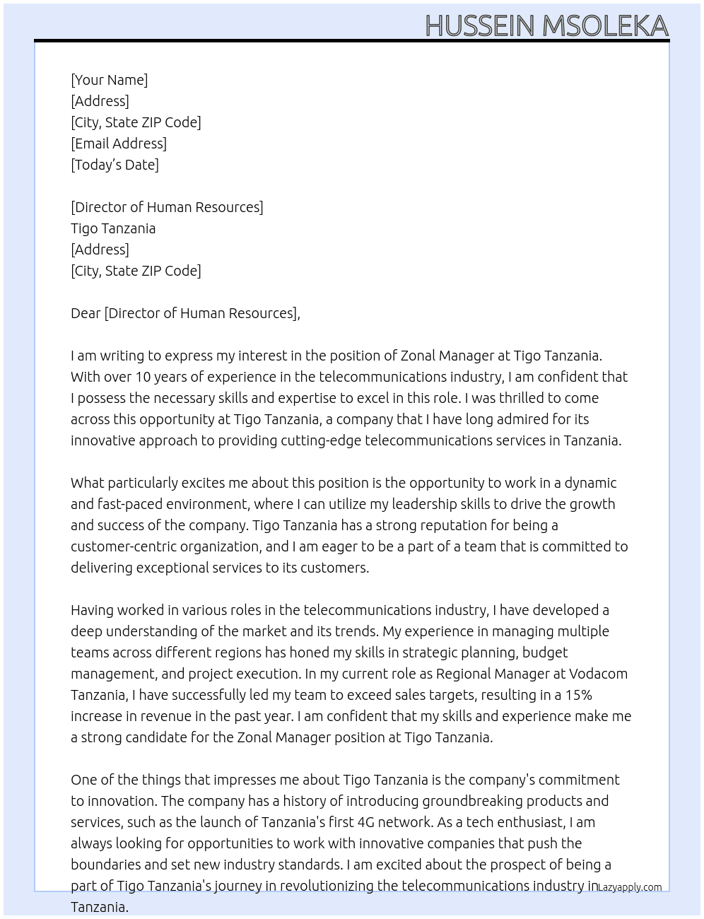 ZONAL MANAGER At TIGO TANZANIA Cover Letter