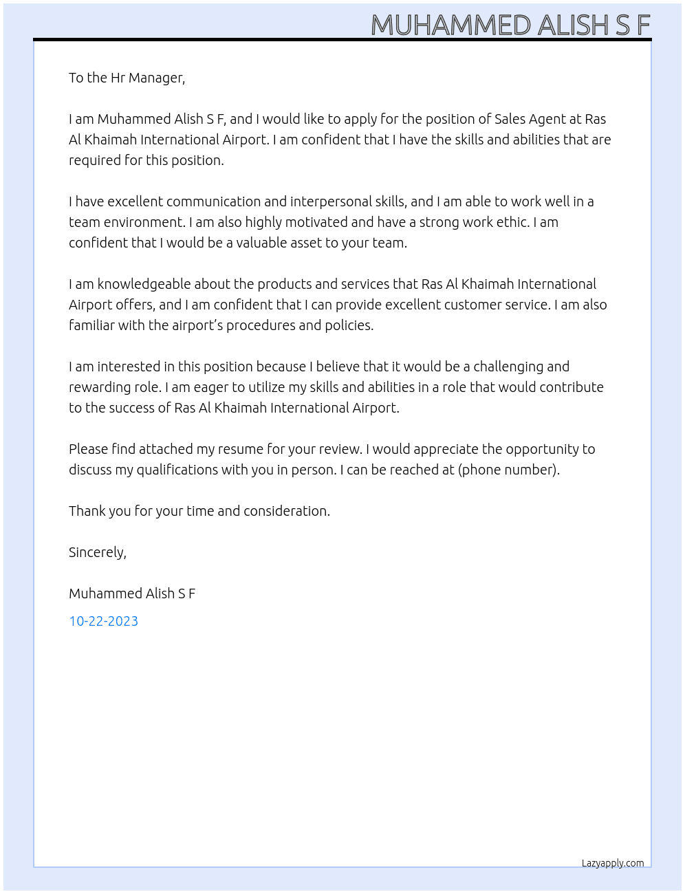 Sales Agent  At Ras Al Khaimah International Airport Cover Letter
