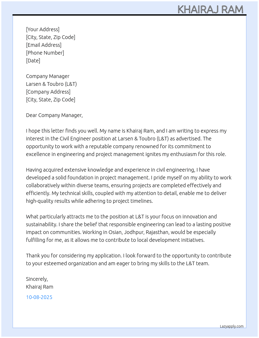 CIVIL ENGINEER  At Larsen& Toubro (L&T) Cover Letter