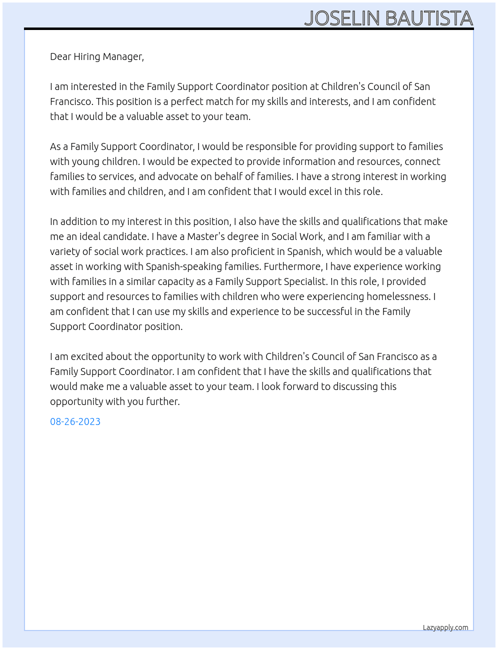 Family Support Coordinator At Children's Council of San Francisco Cover Letter