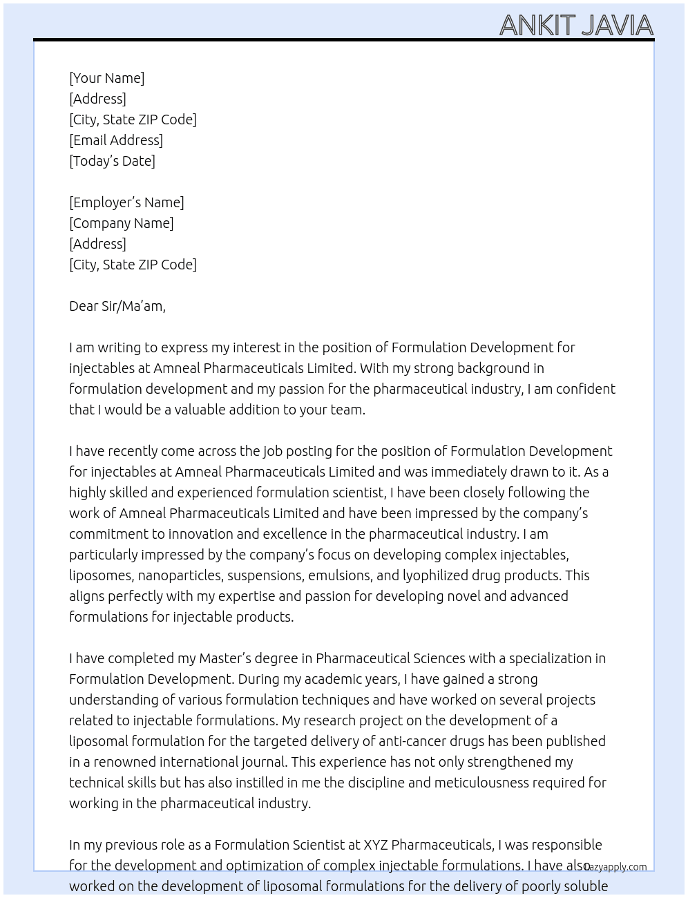 Formulation development injectables  At Amneal Pharmaceuticals limited  Cover Letter