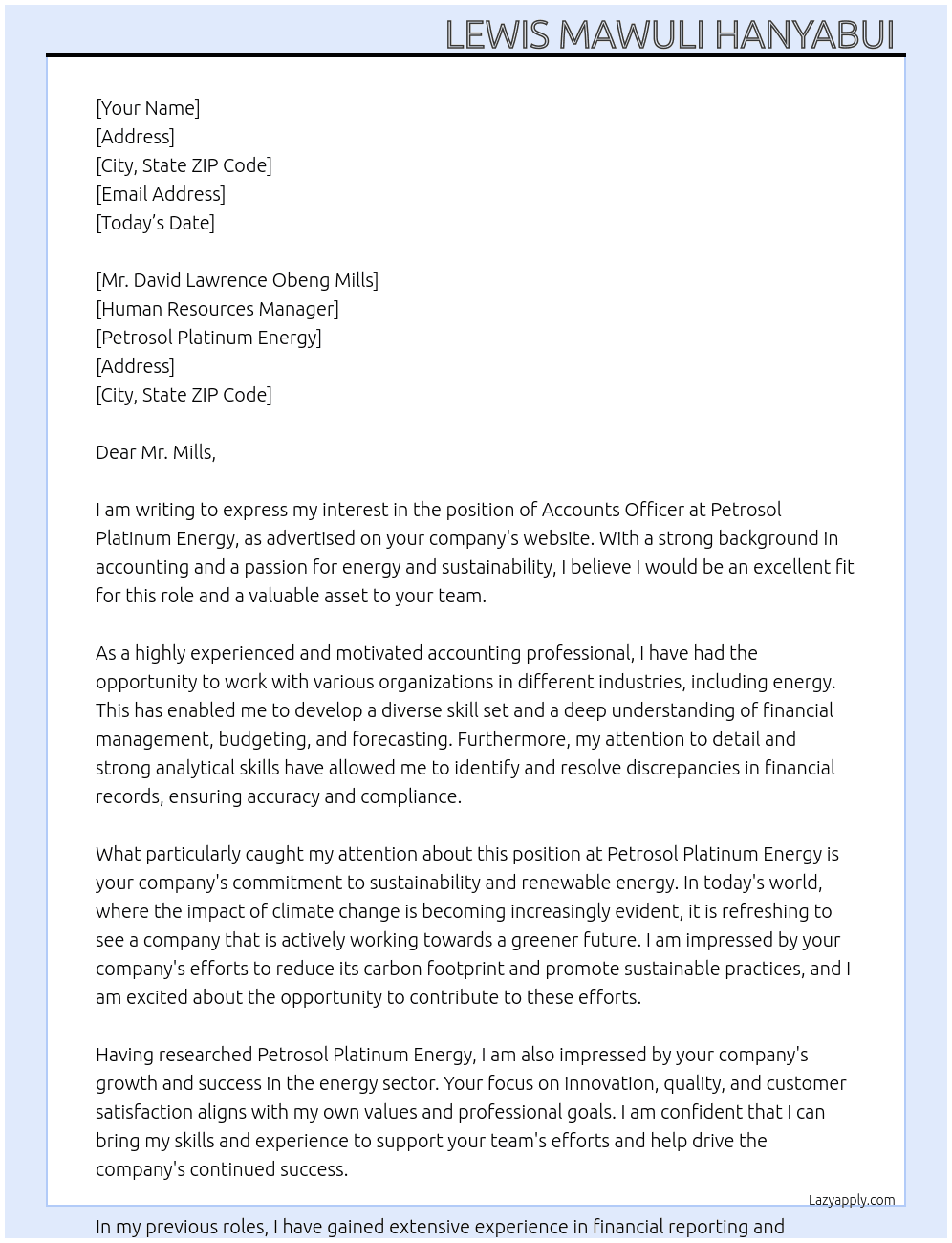 Accounts officer  At Petrosol Platinum Energy Cover Letter