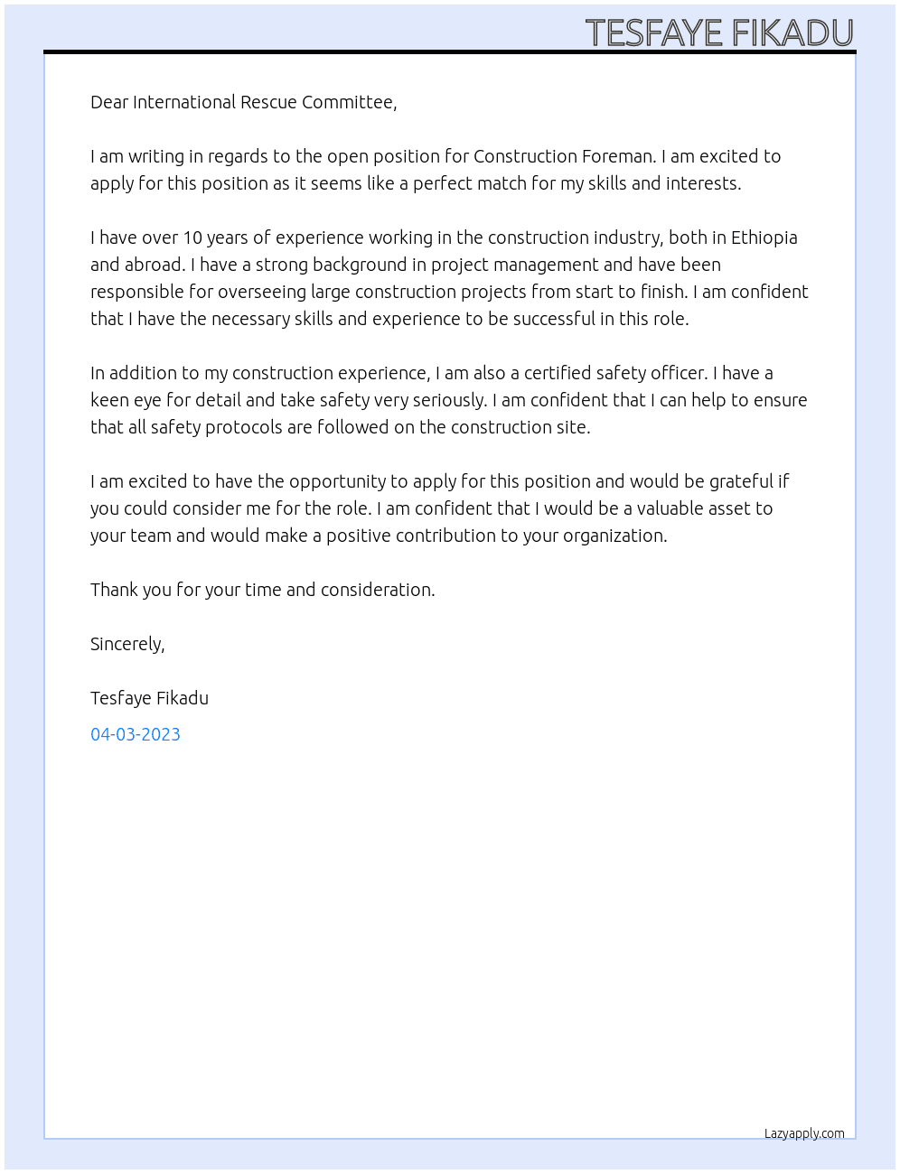 Construction Foreman  At International rescue committee  Cover Letter