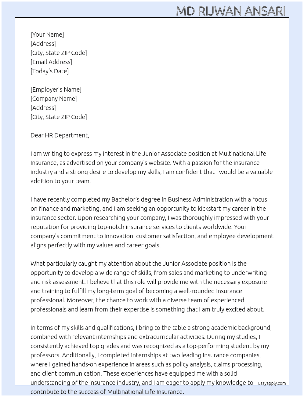 Junior associate  At Multinational life insurance  Cover Letter
