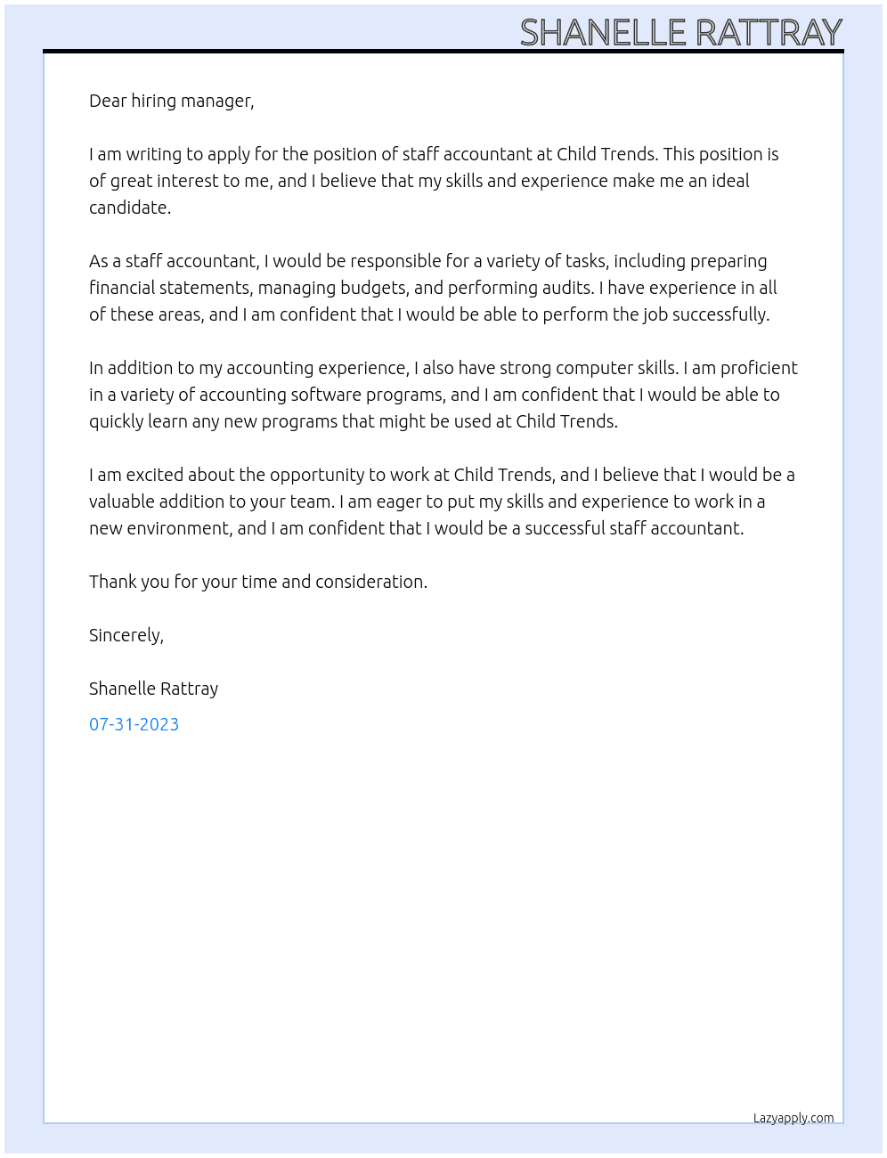 staff accountant At Child Trends Cover Letter