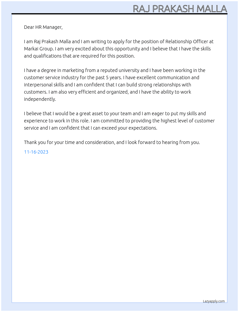 Relationship Officer At Markai Group Cover Letter