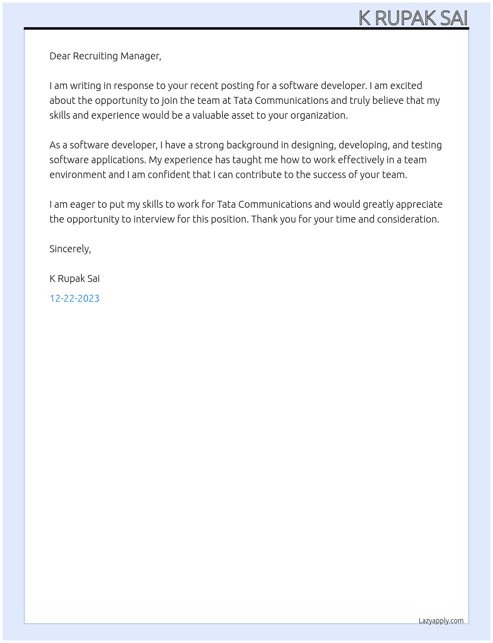 software devoloper At tata communication Cover Letter