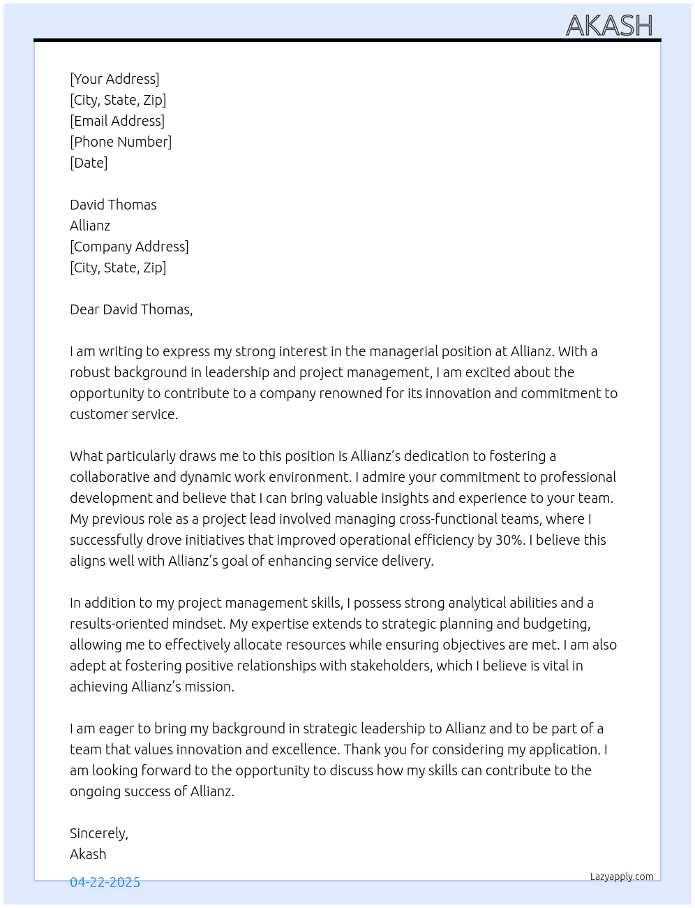  manager opening At allianz Cover Letter