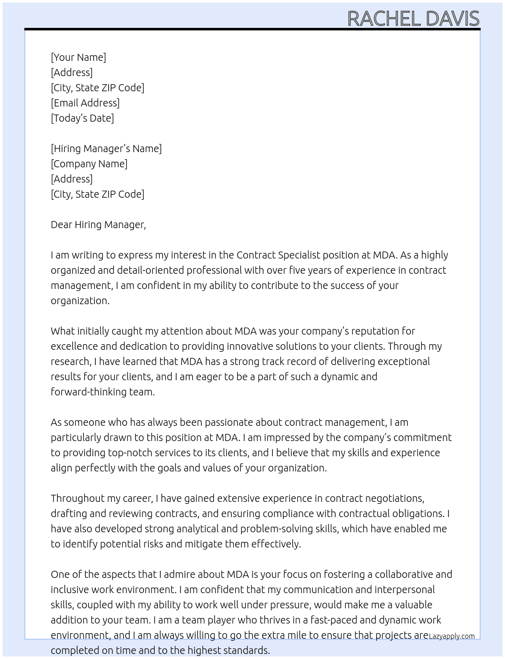 Contract Specialist At MDA Cover Letter
