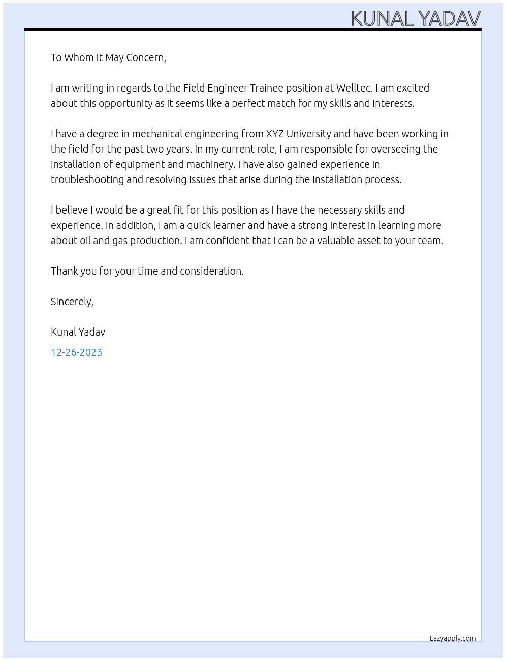 Field Engineer Trainee At Welltec Cover Letter