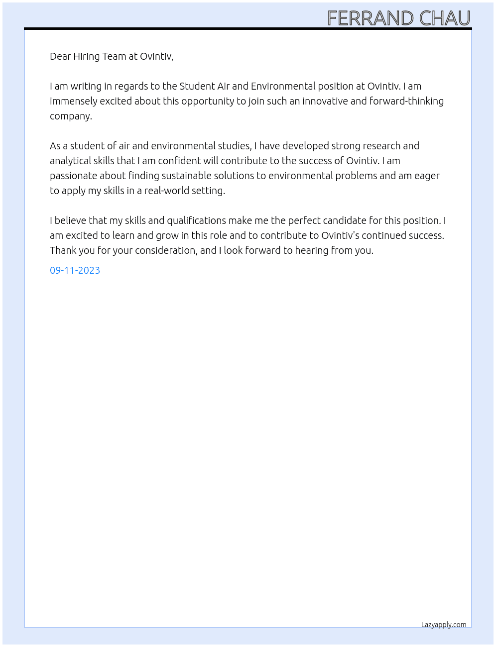 Student Air and Environmental At Ovintiv Cover Letter