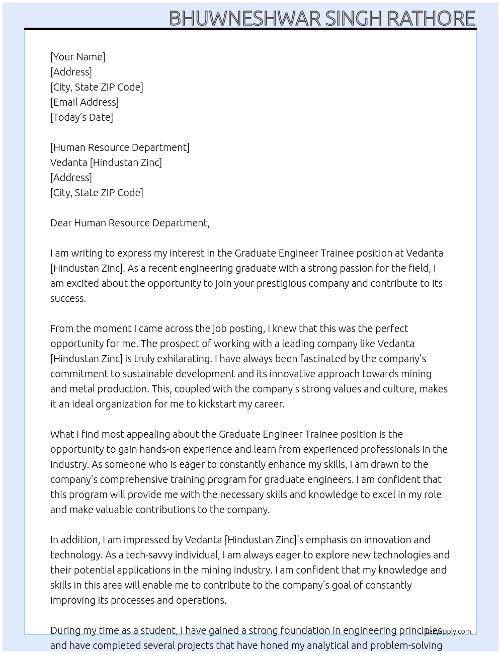 graduate engineer trainee At vedanta [ hindustan Zinc ] Cover Letter