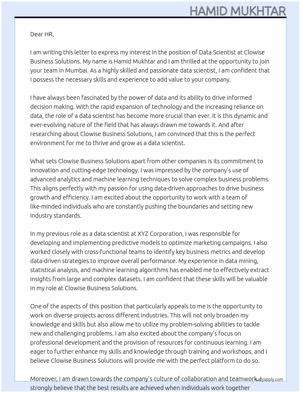 data scientist  At Clowise Business Solutions Cover Letter