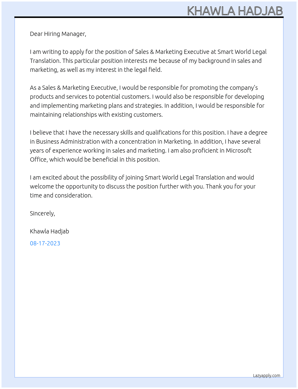 sales & marketing executive At Smart World Legal Translation Cover Letter