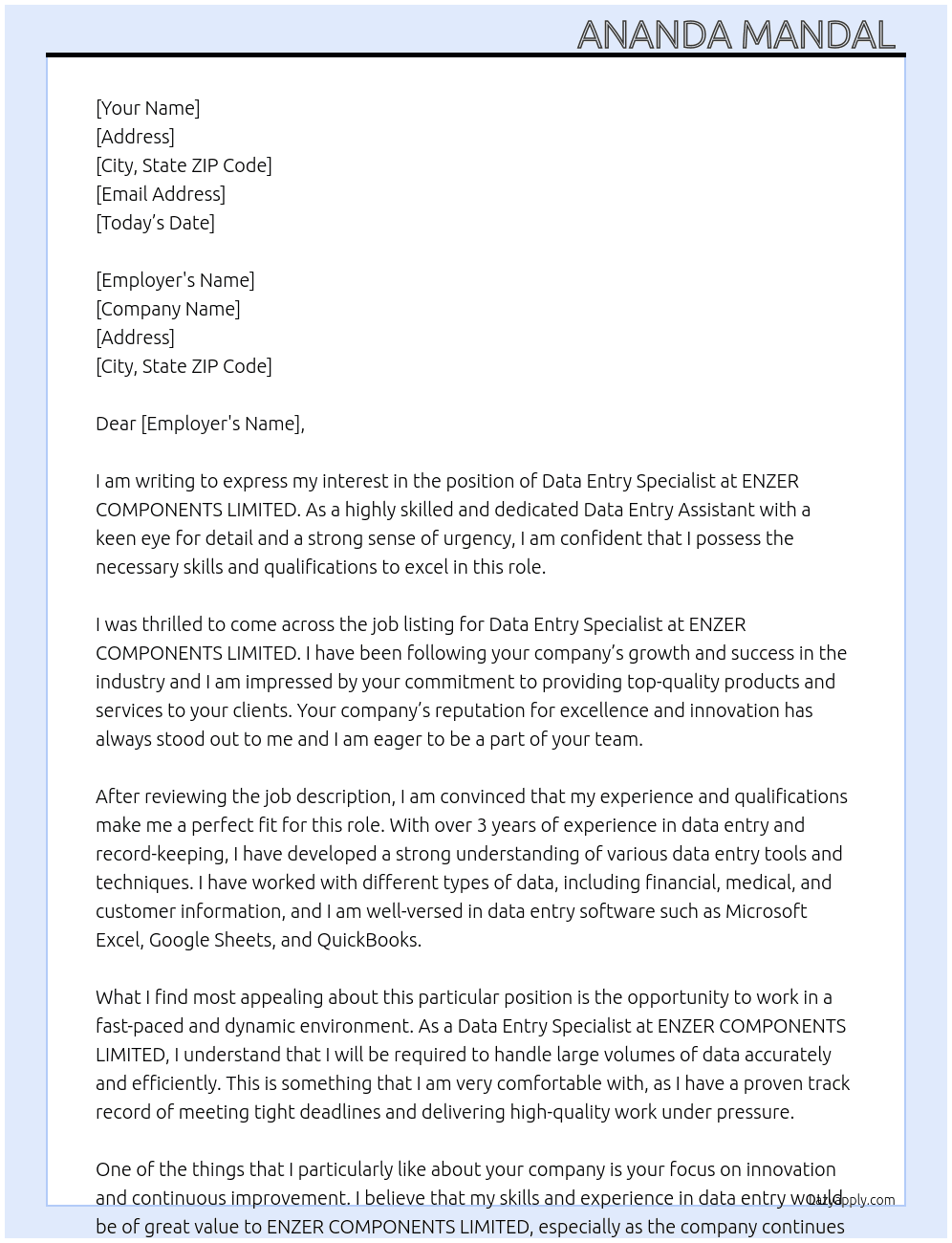 Data entry specialist  At ENZER COMPONENTS LIMITED Cover Letter