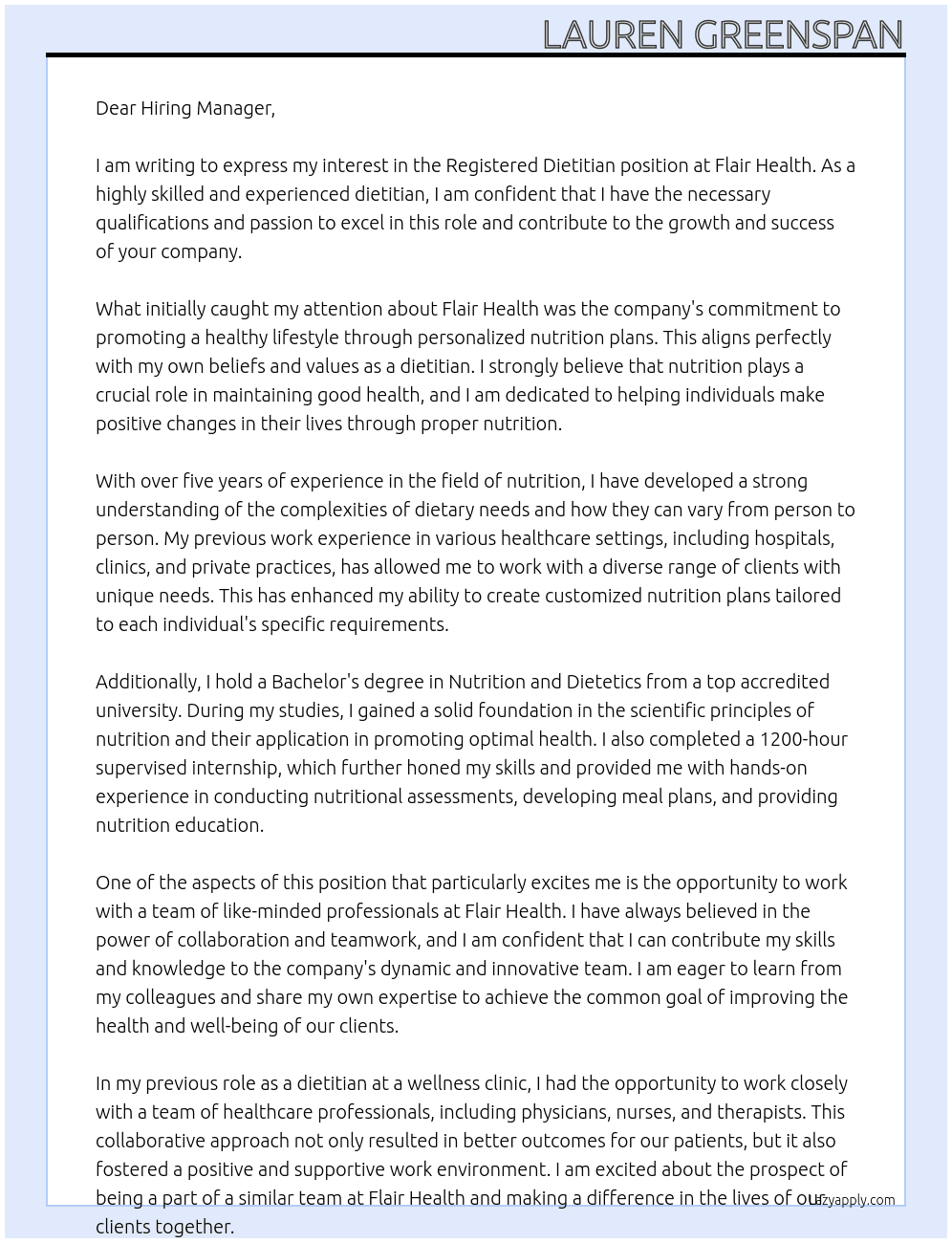 Registered Dietitian At Flair Health Cover Letter