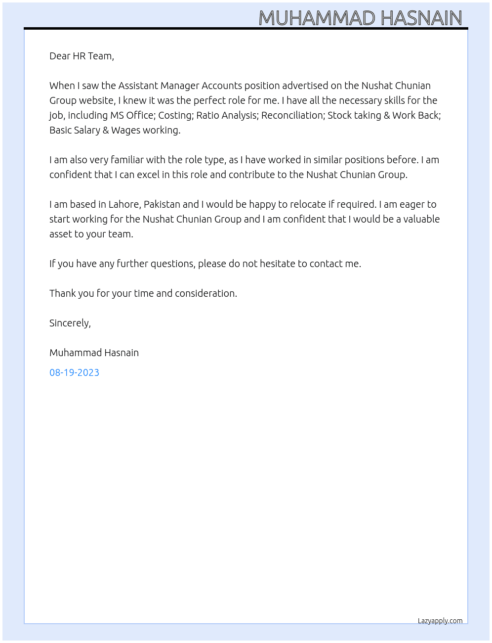Assistant Manager Accounts At Nushat Chunian Group Cover Letter