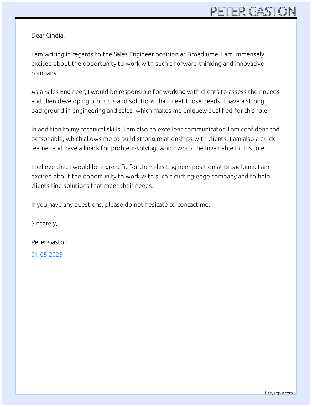 Sales Engineer At Broadlume Cover Letter