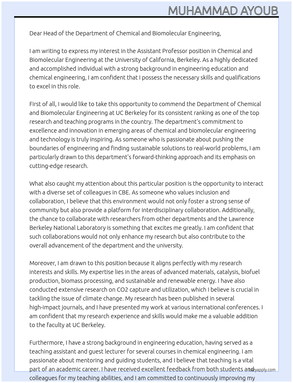 Assistant Professor - Chemical & Biomolecular Engineering - College of Chemistry At University of California Berkeley Cover Letter