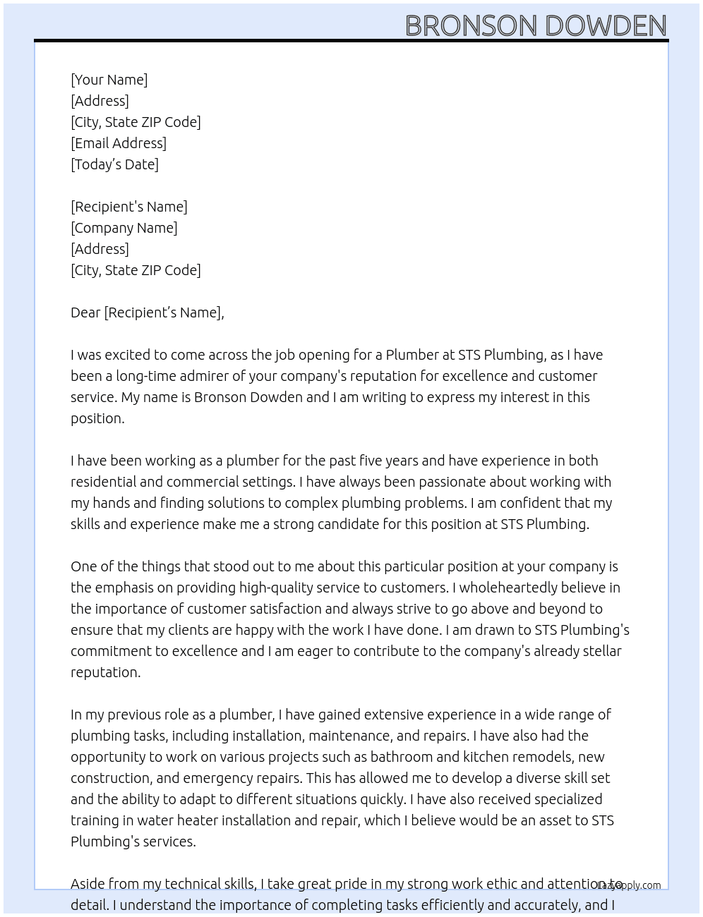 Plumber At STS Plumbing Cover Letter