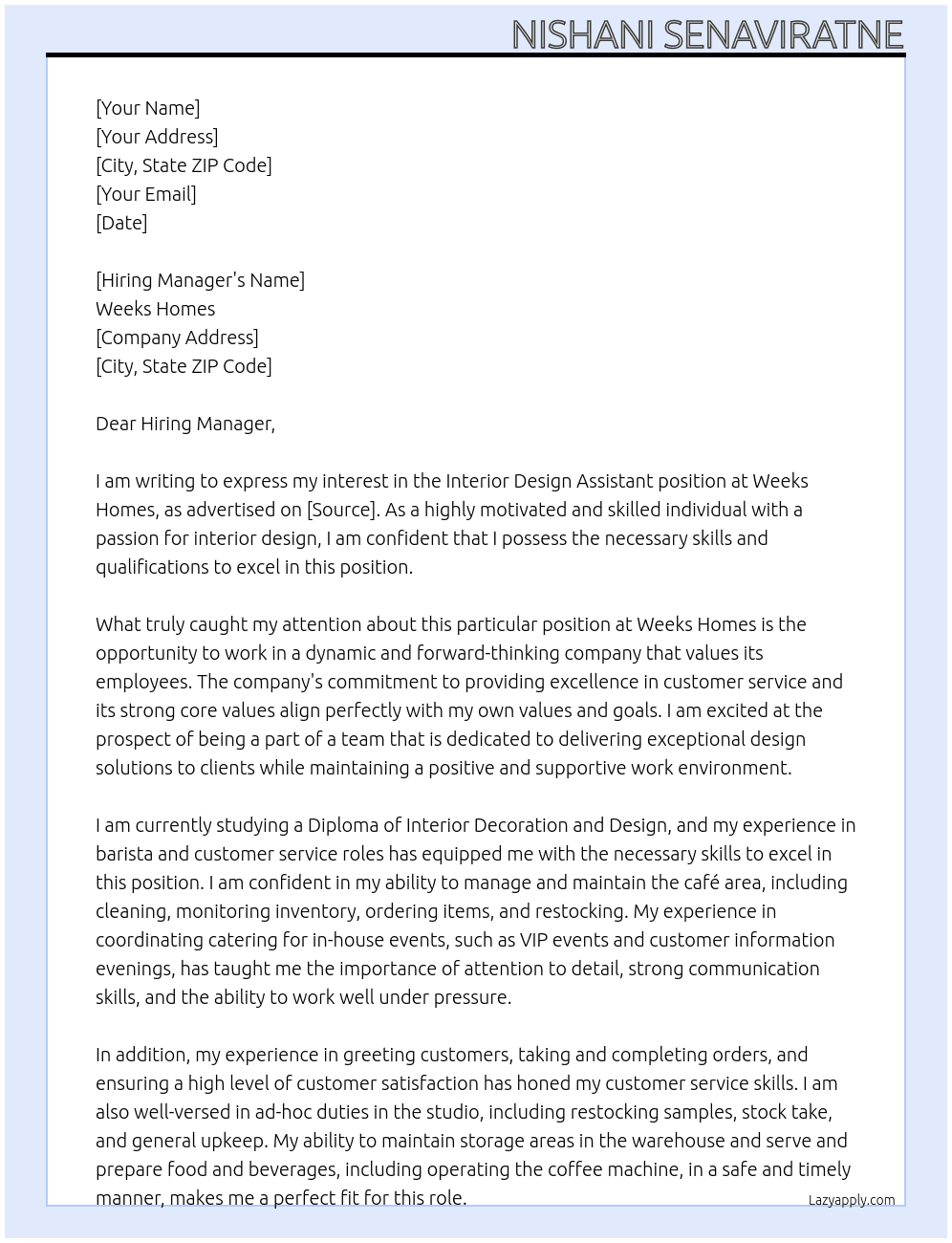 Interior Design Assistant  At Weeks Homes Cover Letter
