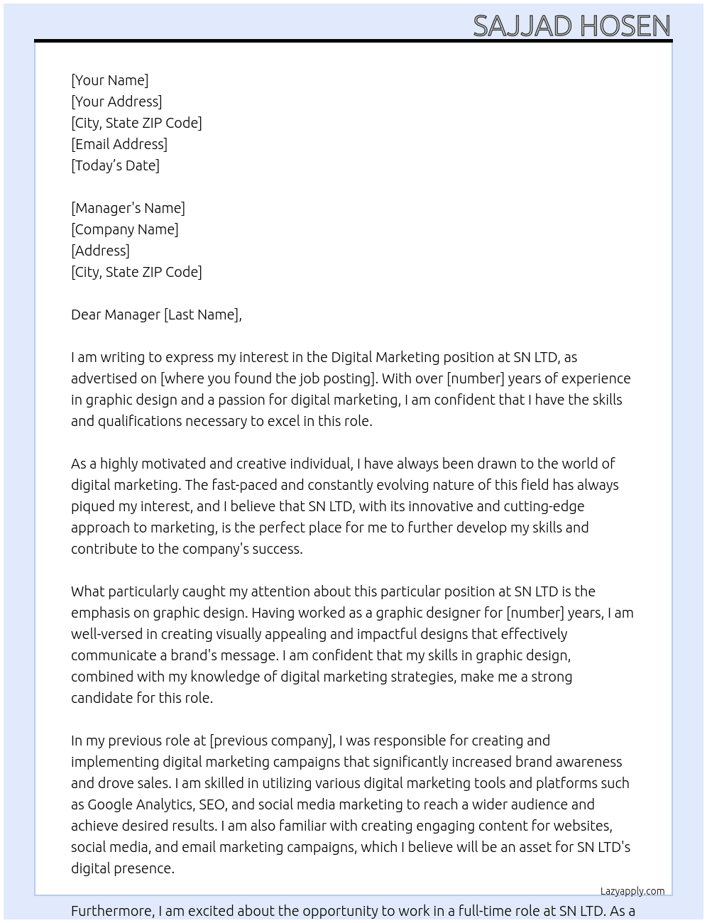Digital marketing  At SN LTD Cover Letter