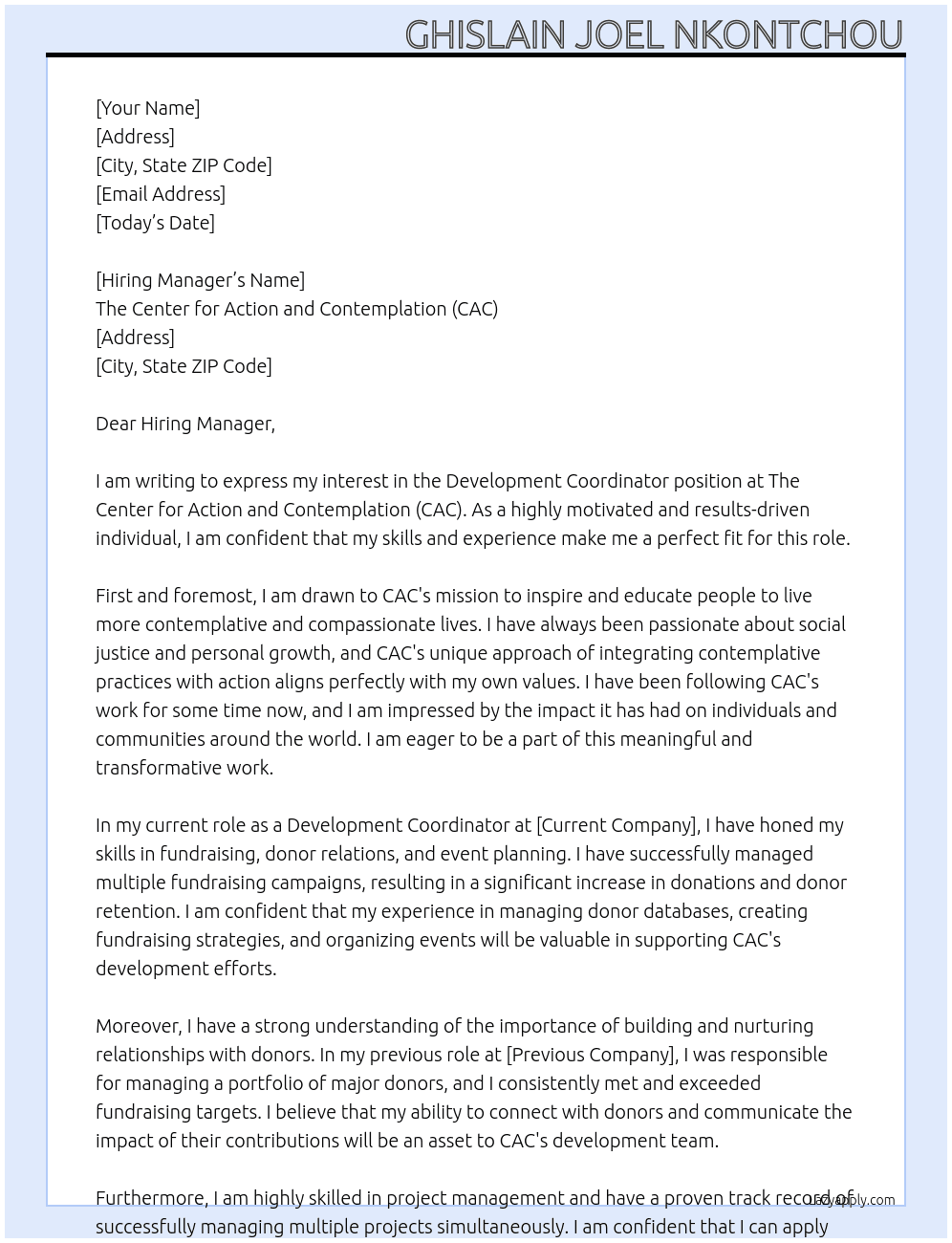 Development Coordinator At The Center for Action and Contemplation (CAC)  Cover Letter