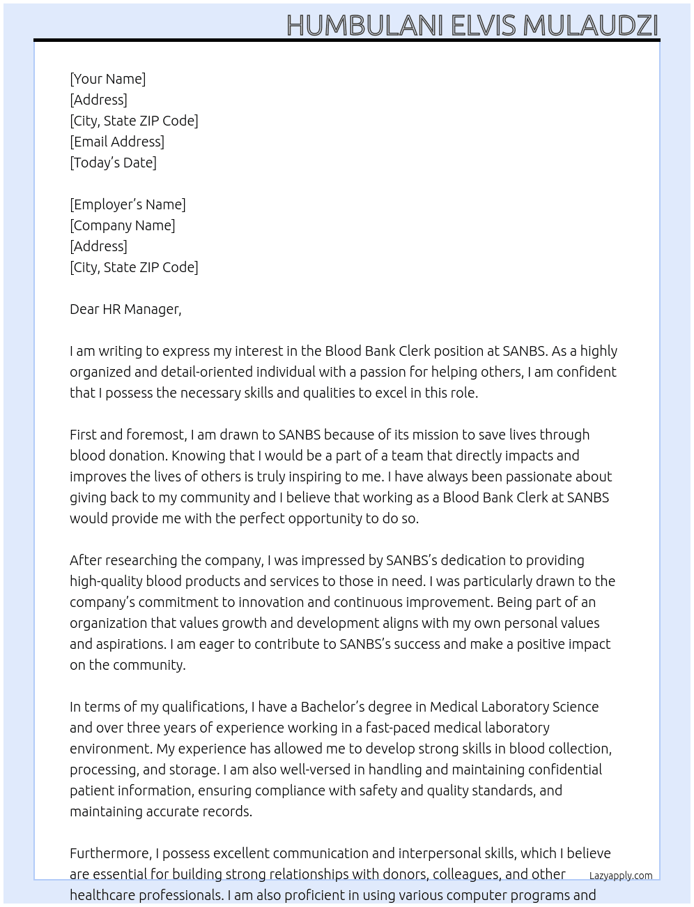 blood bank clerk At SANBS Cover Letter