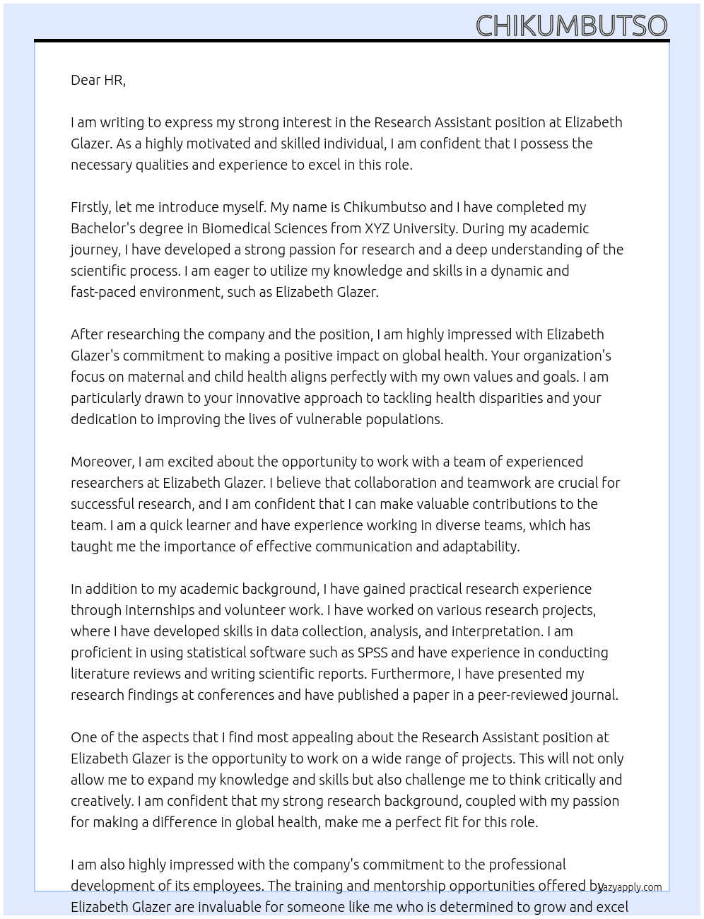 Research Assistant At Elizabeth glazer Cover Letter