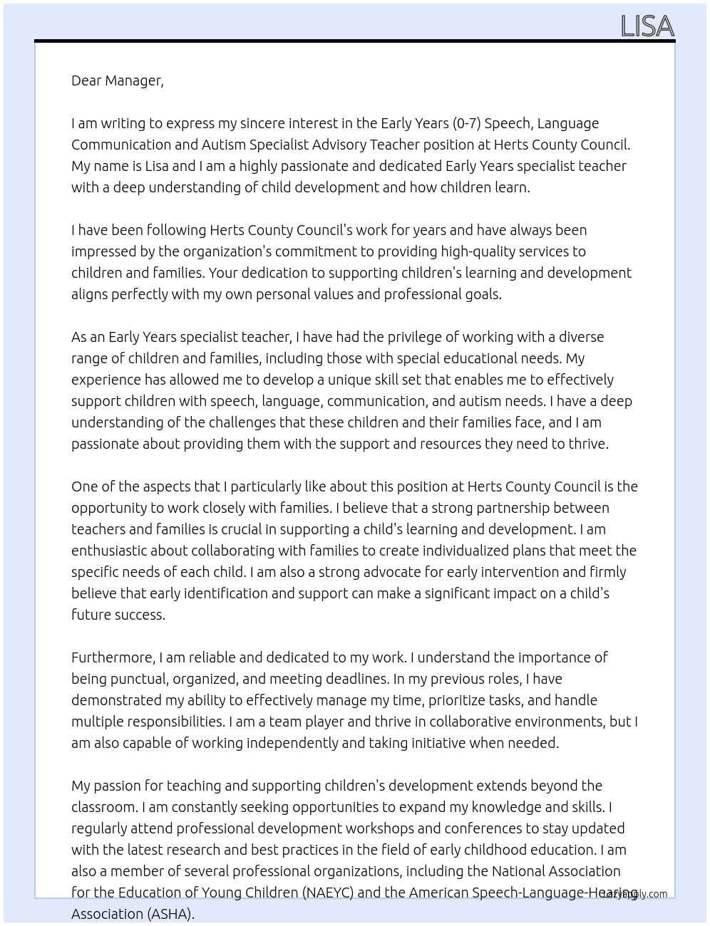 Early Years (0-7) Speech, Language Communication and Autism Specialist Advisory Teacher At Herts County Council Cover Letter