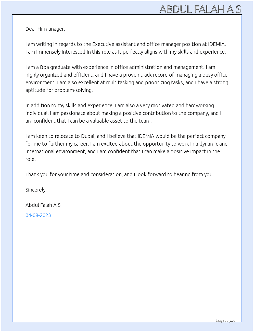 Executive assistant and office manager At IDEMIA Cover Letter