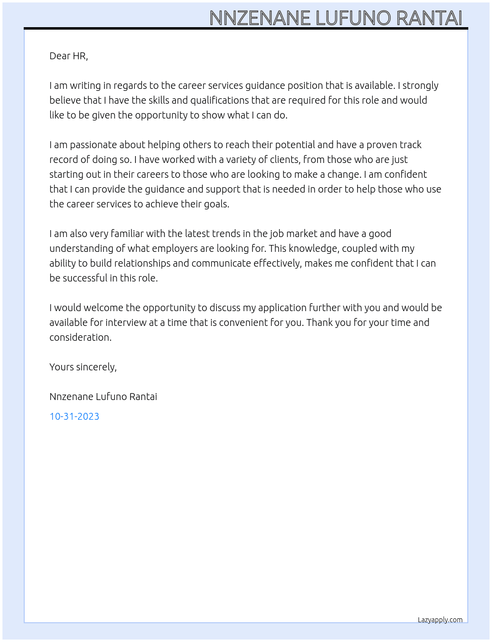 Career services guidance  At Career services  Cover Letter